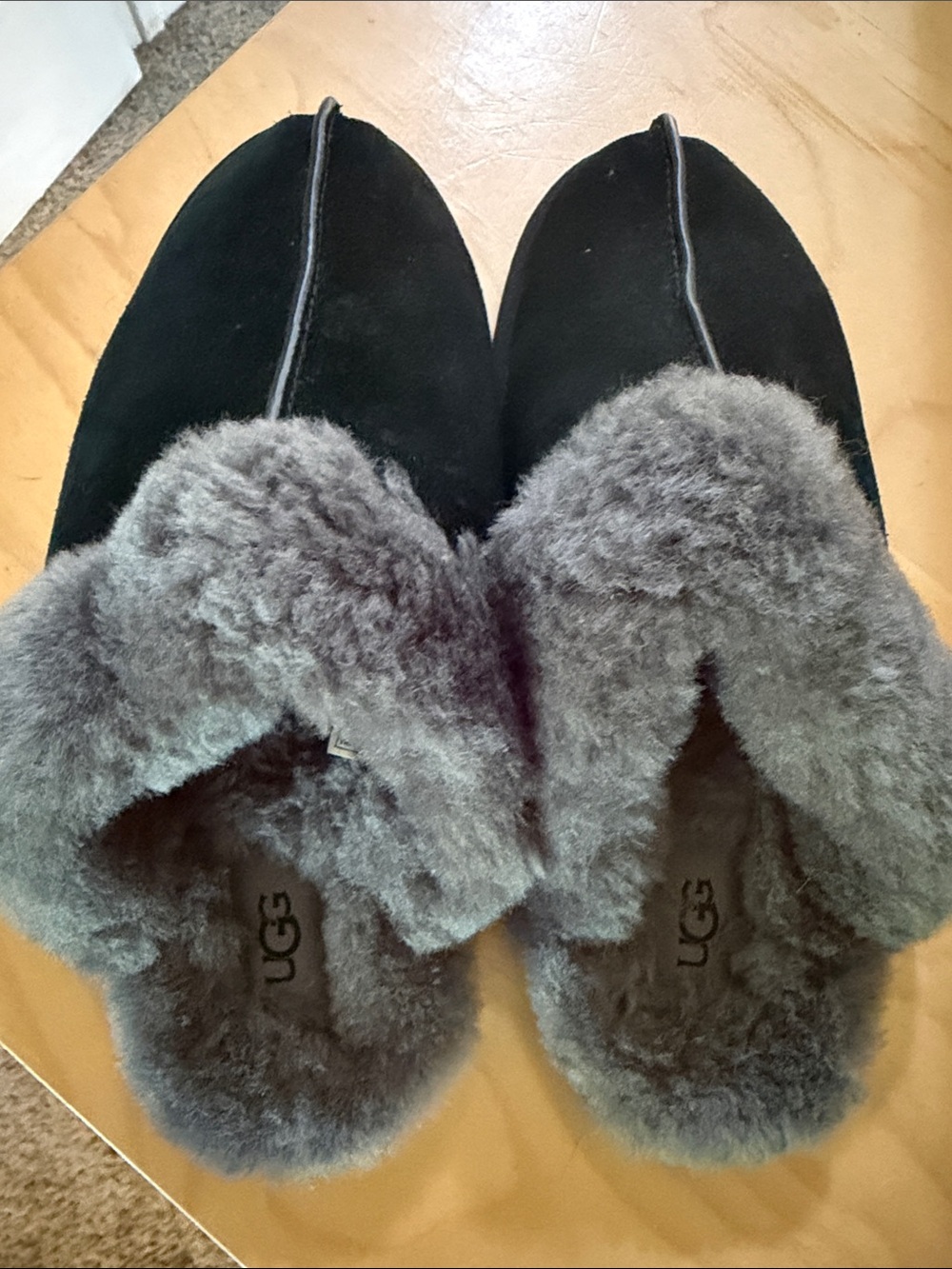 UGG Women's Black Suede Slipper Clogs with Gray Shearling Collar